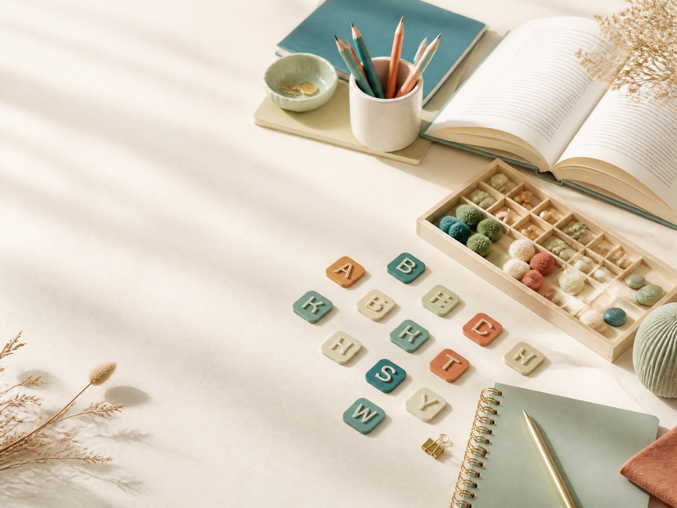 An open book, tactile letter tiles and carefully arranged learning resources on a light desk